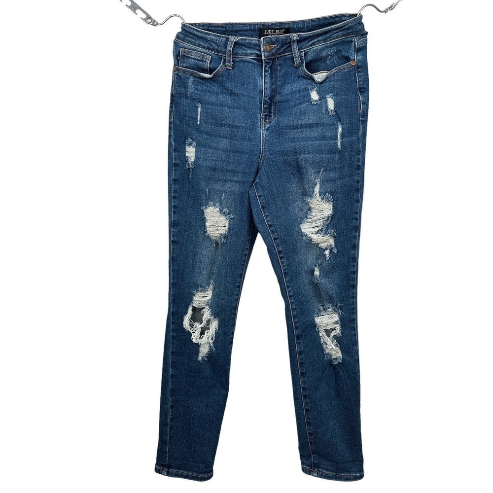 Judy Blue Womens Boyfriend Fit Jeans Denim Blue Distressed Size 7/28 High‎ Rise